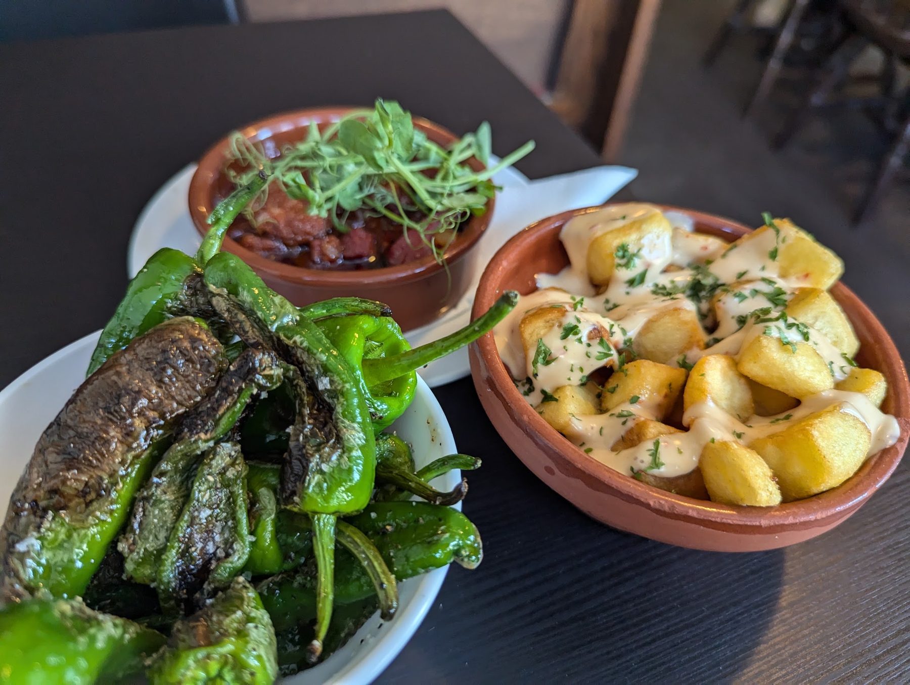 Tapas dishes: blistered green peppers, potatoes and a salad